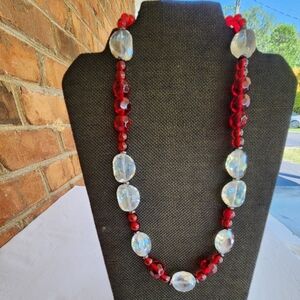 Hand Crafted Necklace Crystal Hematite Glass Beads Clear Red 23" Length